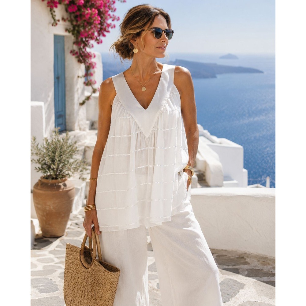 Helen Wang Sz 6 Luxury Silk White/Silver Lurex Tunic Top Coastal Resort Wear